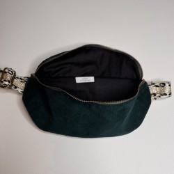 sac banane en velours vert sapin sangle léopard et dorée